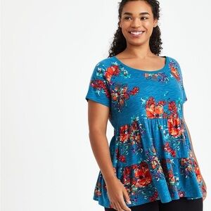 Torrid Blue Floral Babydoll Slub Scoop Neck Tiered Top